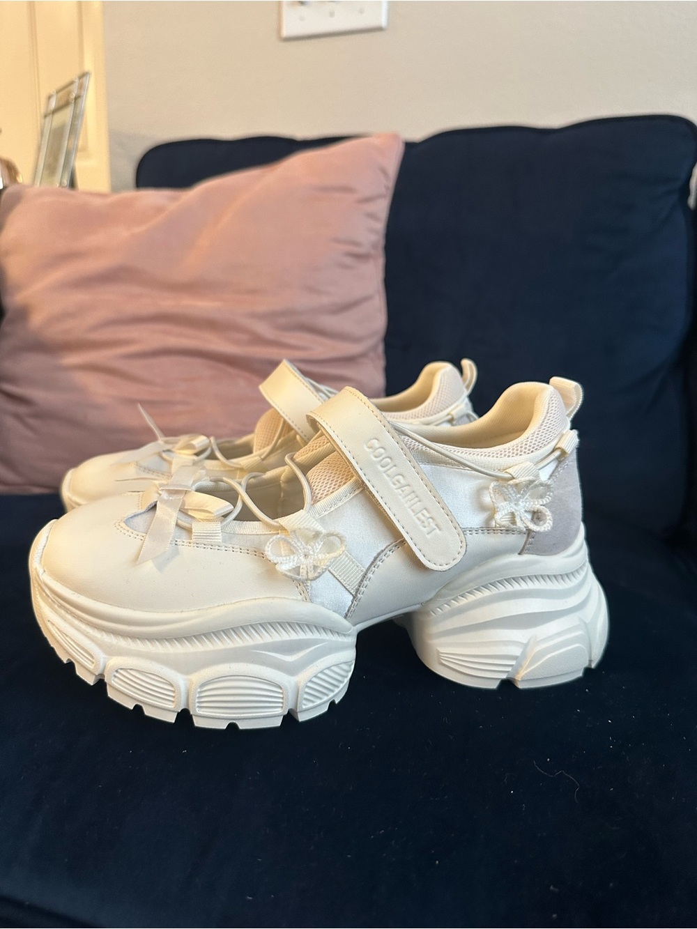 Cream Platform Mary Jane Sneakers with Bow Accent